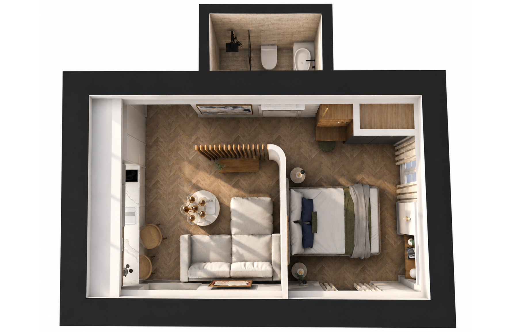 Three-dimensional floor plan of Apartment 1-3 showing the kitchen, living area, partially screened bedroom and separate bathroom.
