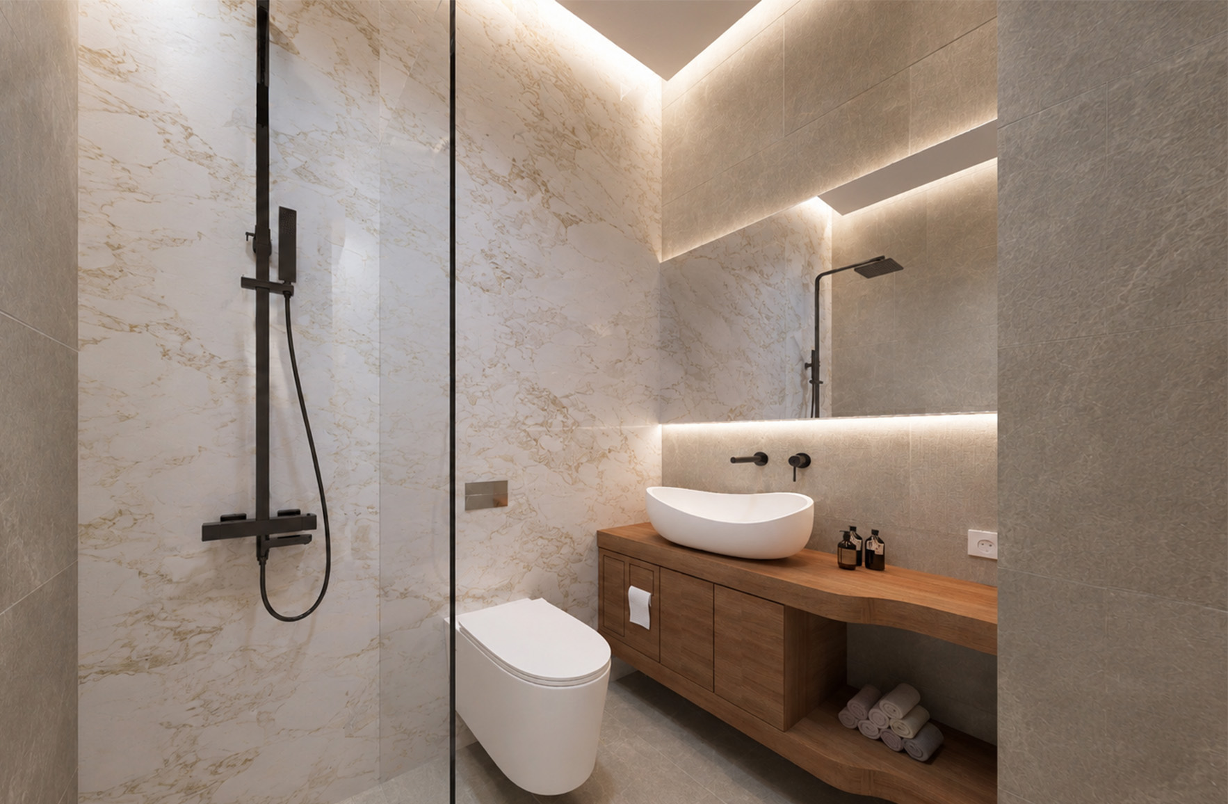 Contemporary bathroom with marble-effect shower walls, a floating timber vanity and integrated ambient lighting.
