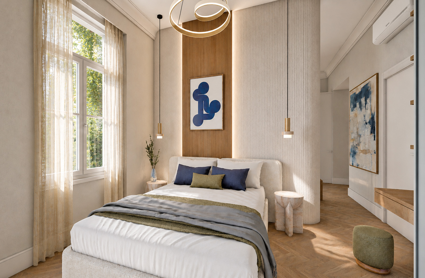 Sunlit bedroom with a textured curved feature wall, central timber panel and suspended bedside lighting.