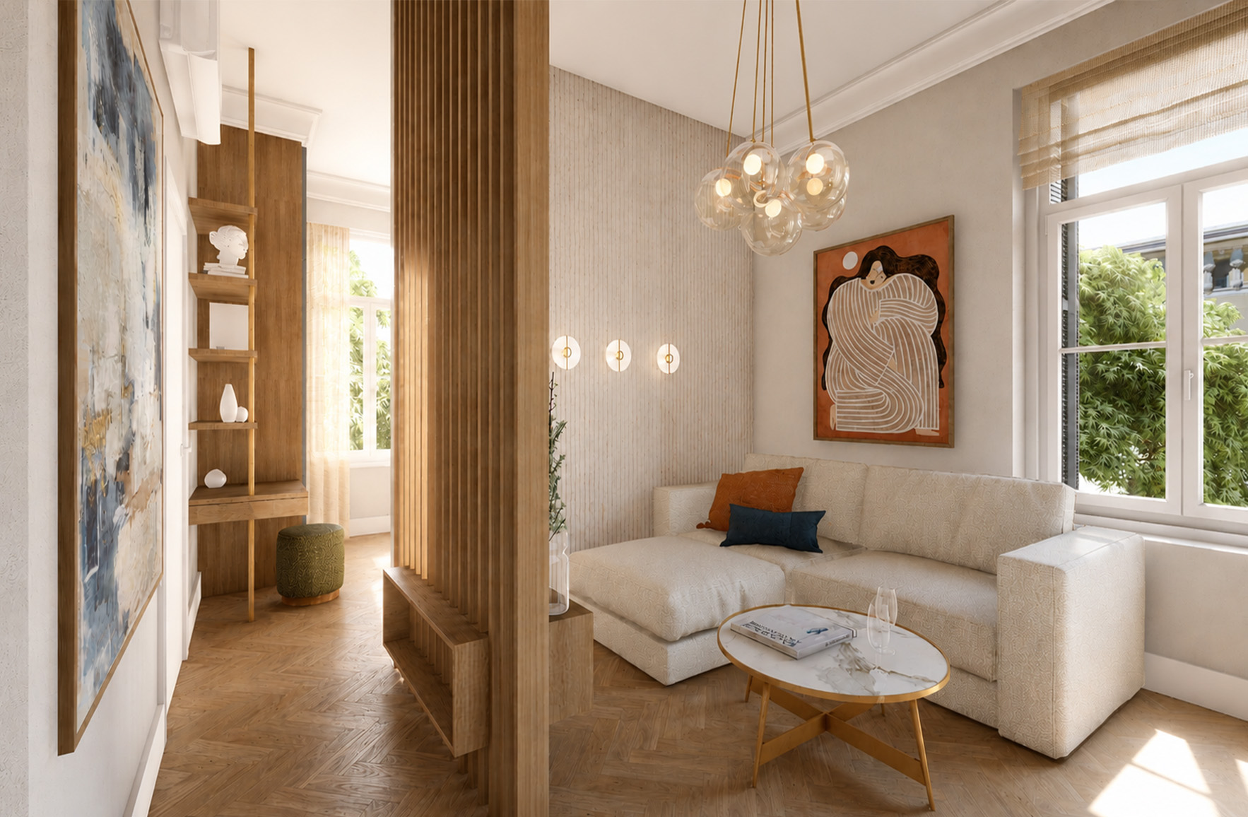 Sunlit living room with a custom timber divider, corner sofa and integrated shelving in Apartment 1-3.