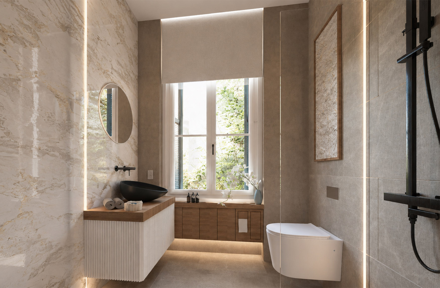 Naturally lit bathroom with a black vessel basin, floating timber vanity, walk-in shower and integrated storage in Apartment 1-4.