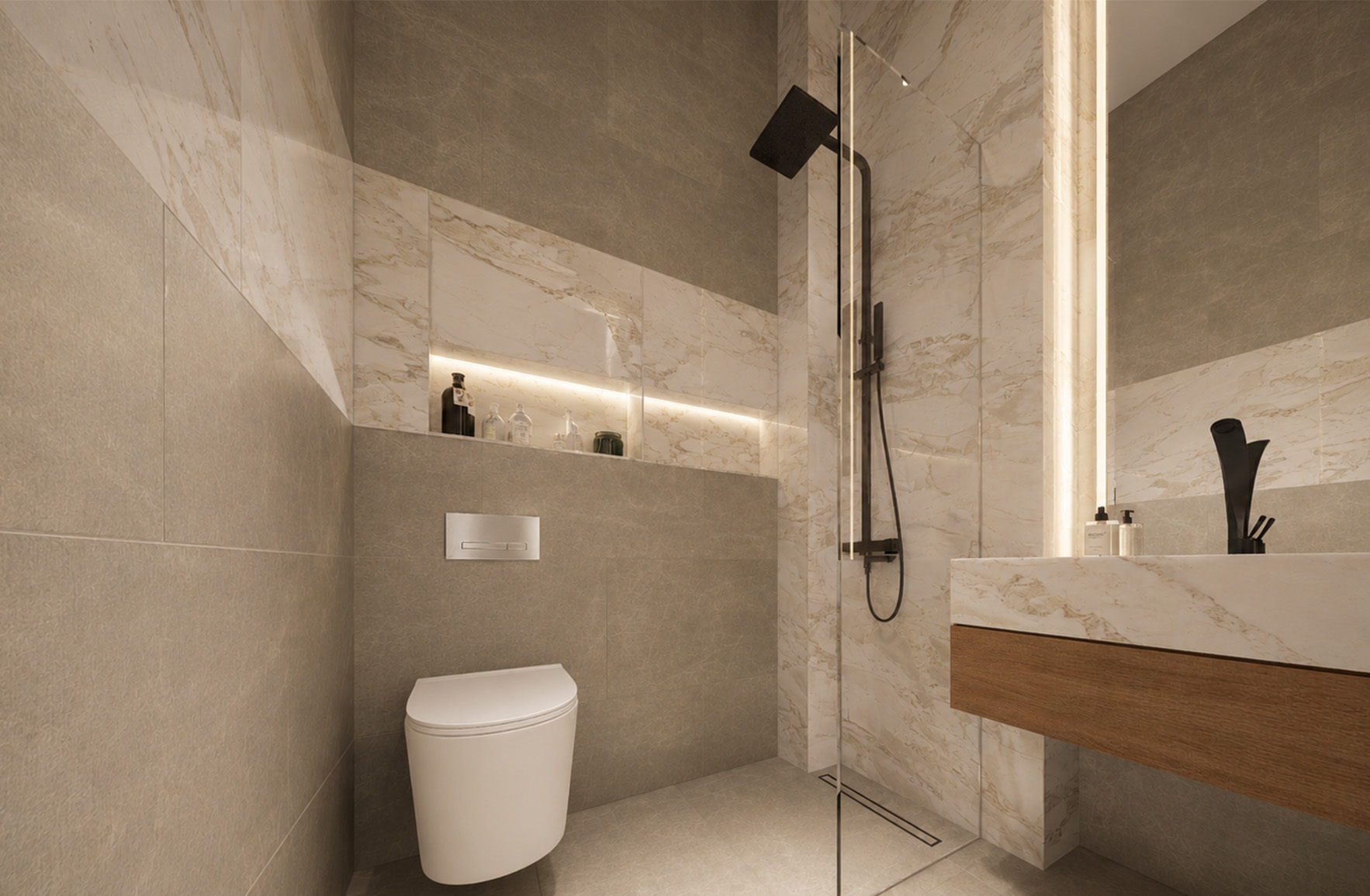 Contemporary bathroom with a floating timber vanity, marble-effect shower walls, concealed lighting and matte-black fixtures in Apartment 1-5.
