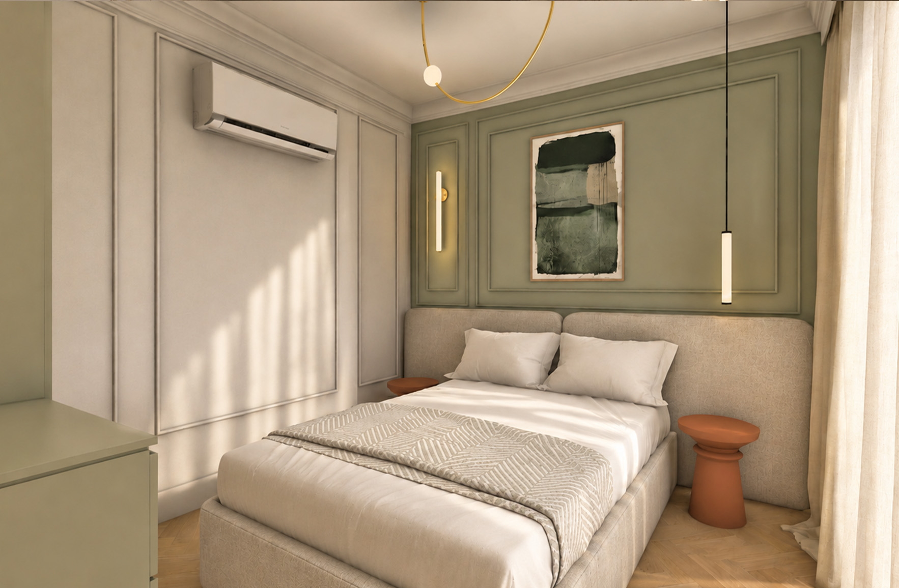 Sunlit bedroom with an olive-green upholstered headboard, decorative wall mouldings and suspended bedside lights.