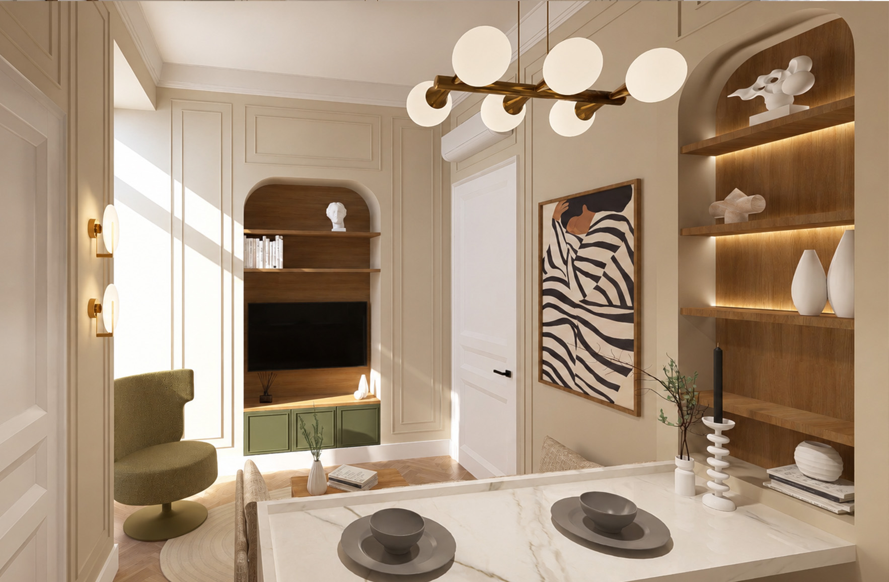 Living area with illuminated arched timber shelving, an integrated television unit and decorative wall mouldings in Apartment 1-5.