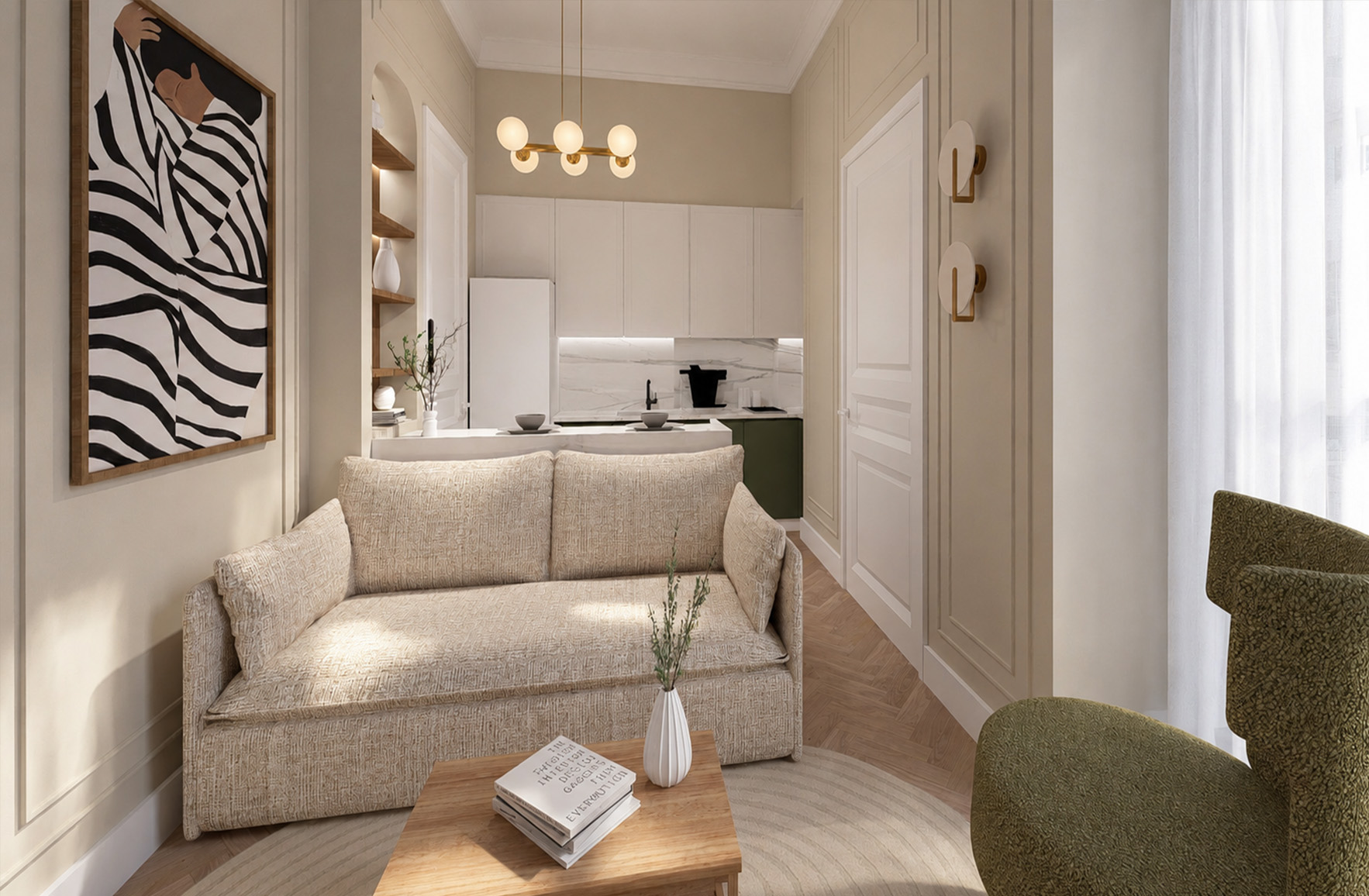 Compact living room with an open kitchen, decorative wall mouldings and olive-green accent seating in Apartment 1-5.