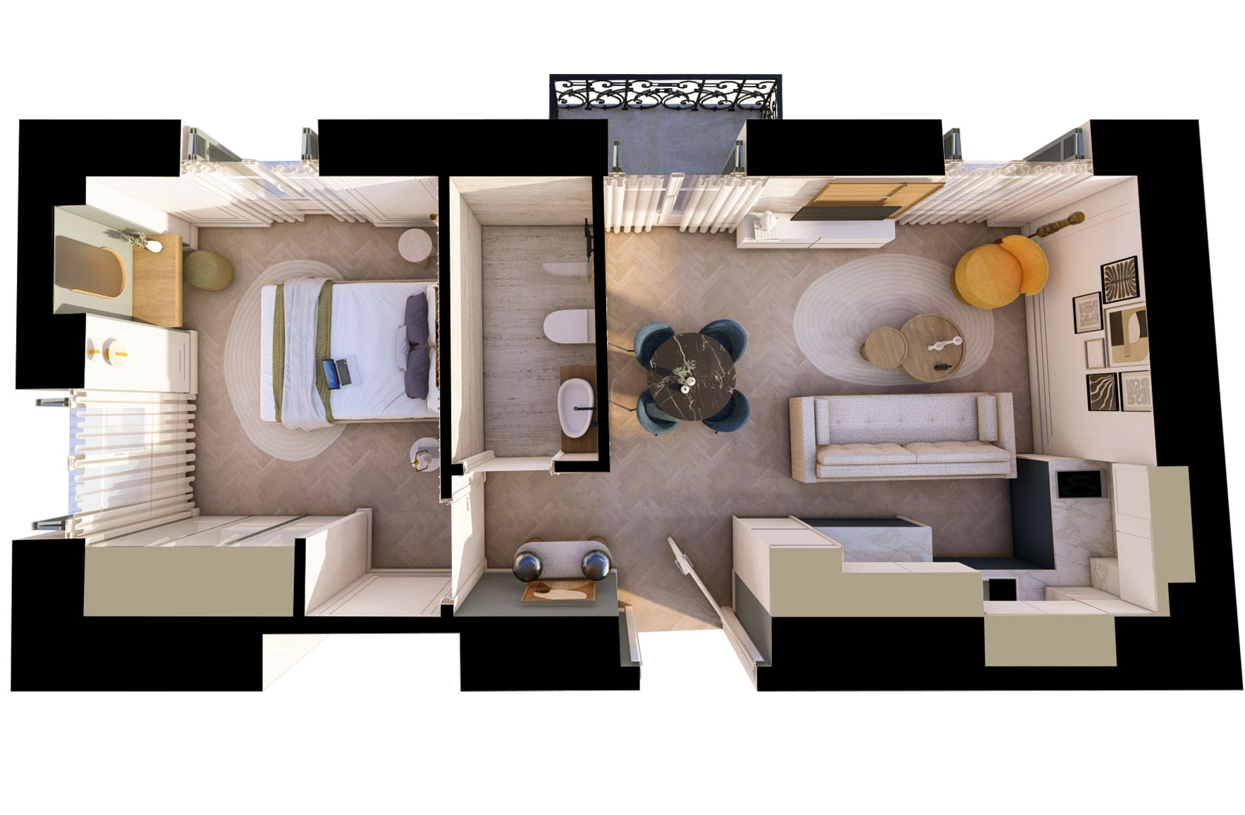 Three-dimensional floor plan of Apartment 2-7 showing a separate bedroom, central bathroom, open-plan kitchen, living and dining area, and balcony.