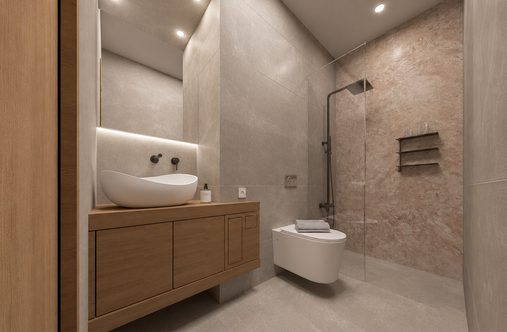 Contemporary bathroom with a floating timber vanity, vessel basin, walk-in shower and textured stone-effect surfaces in Apartment 2-7.