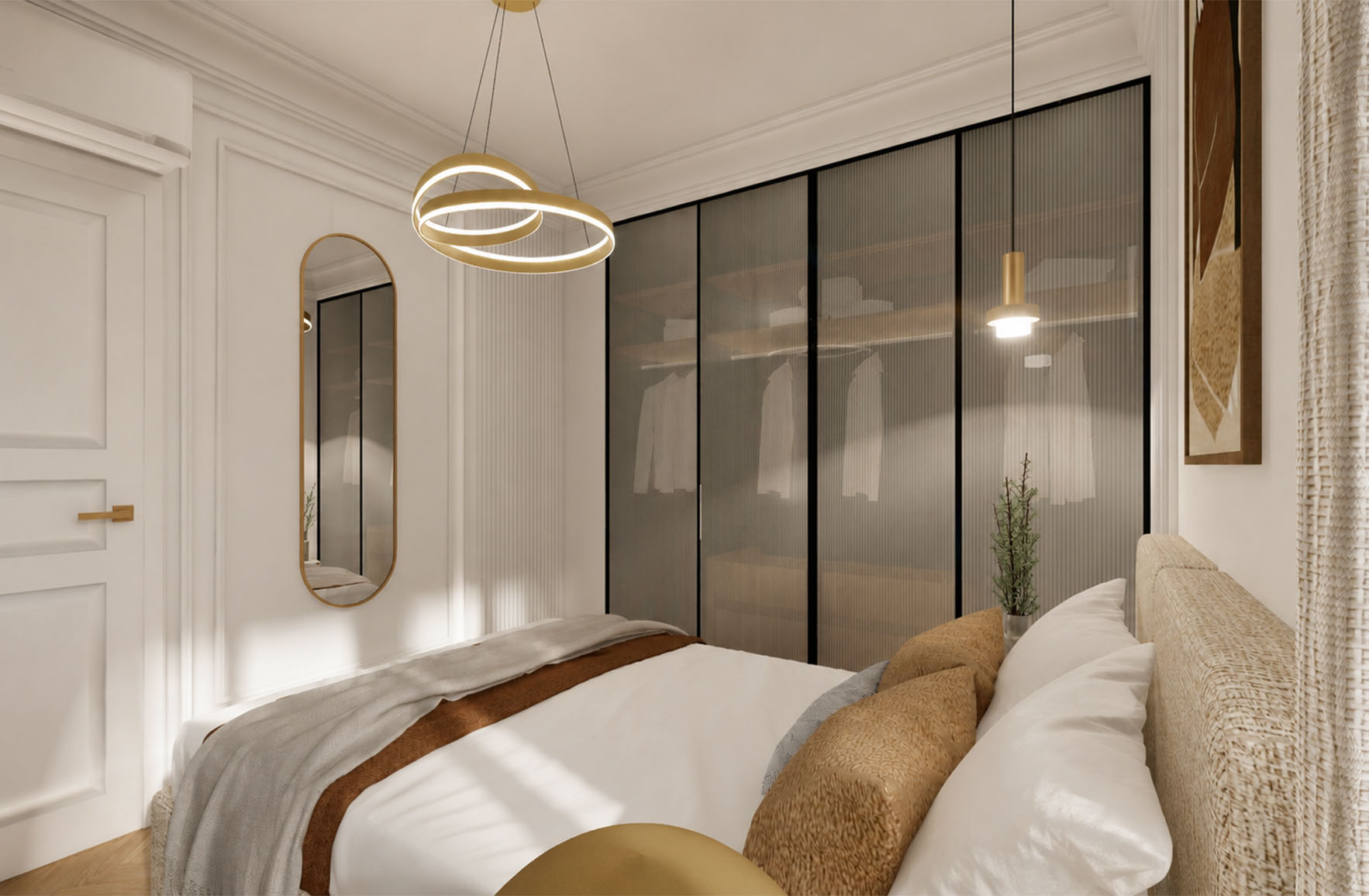 Bedroom with full-height fluted-glass wardrobes, decorative wall mouldings and sculptural pendant lighting in Apartment 2-7.