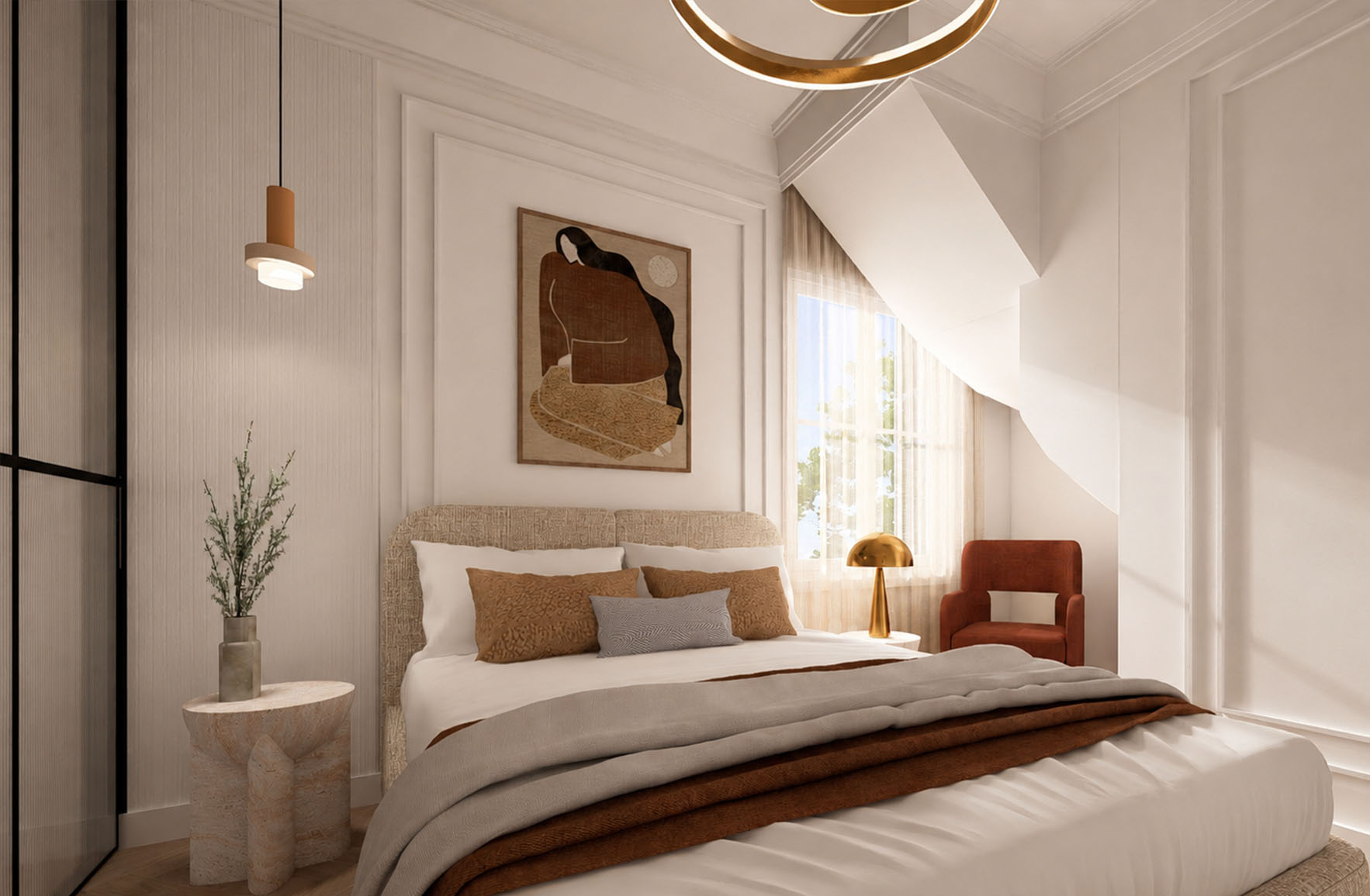 Bedroom with an upholstered bed, decorative wall mouldings and a sculptural white staircase in duplex Apartment 2-7.