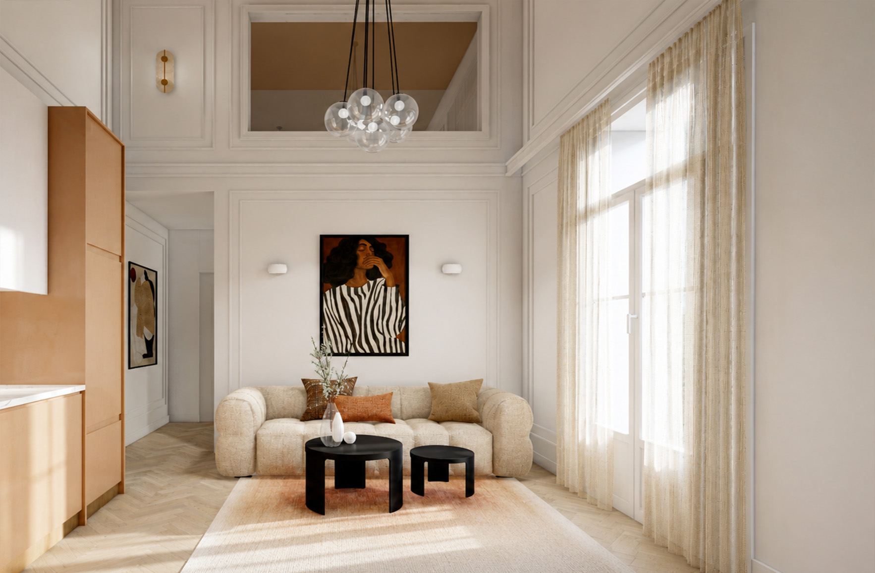 Sunlit double-height living room with decorative wall mouldings, tall windows and warm-toned kitchen cabinetry in Apartment 2-7.