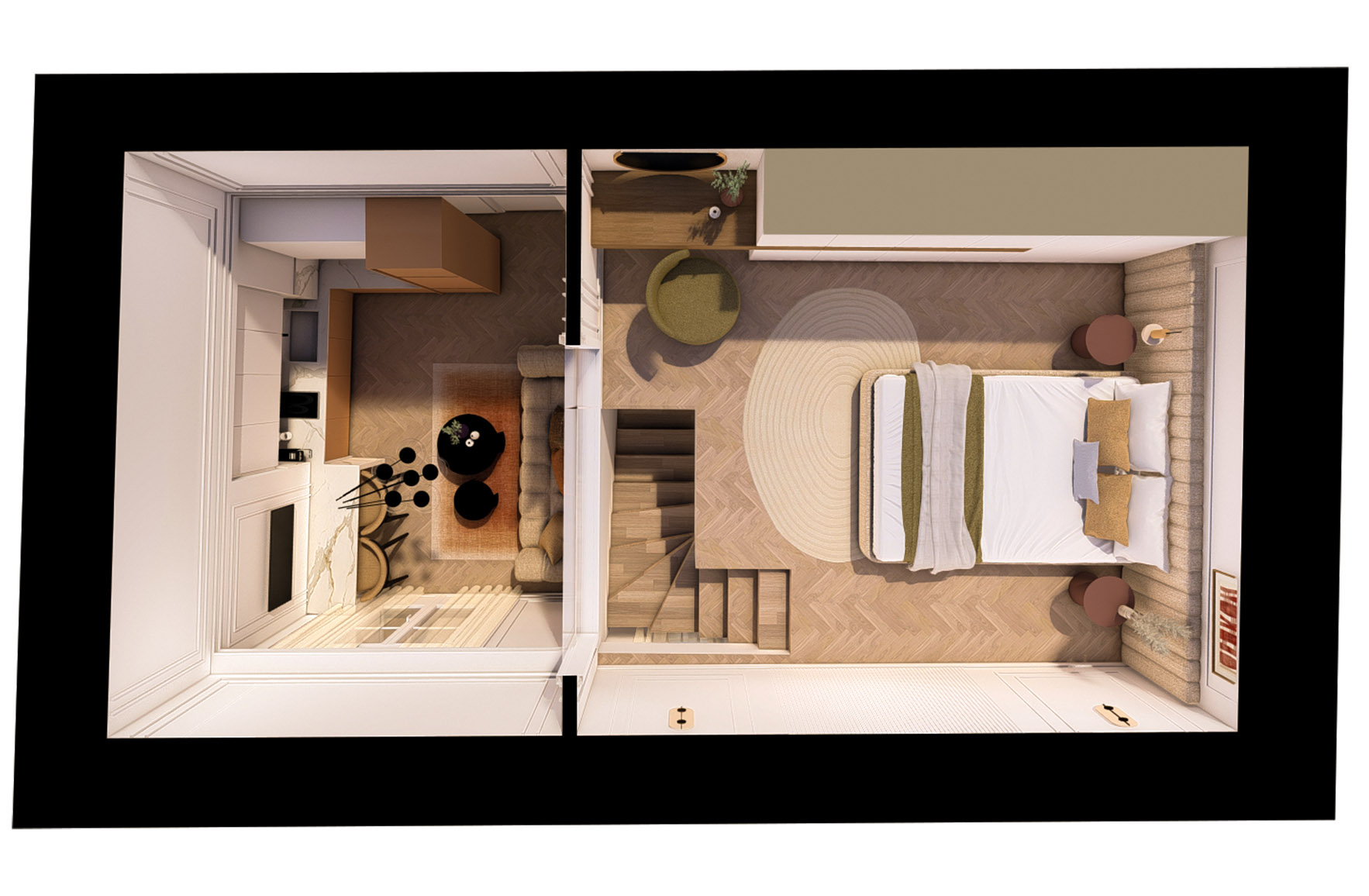 Three-dimensional floor plan of duplex Apartment 2-7 showing the open-plan kitchen and living area, upper-level bedroom and internal staircase.