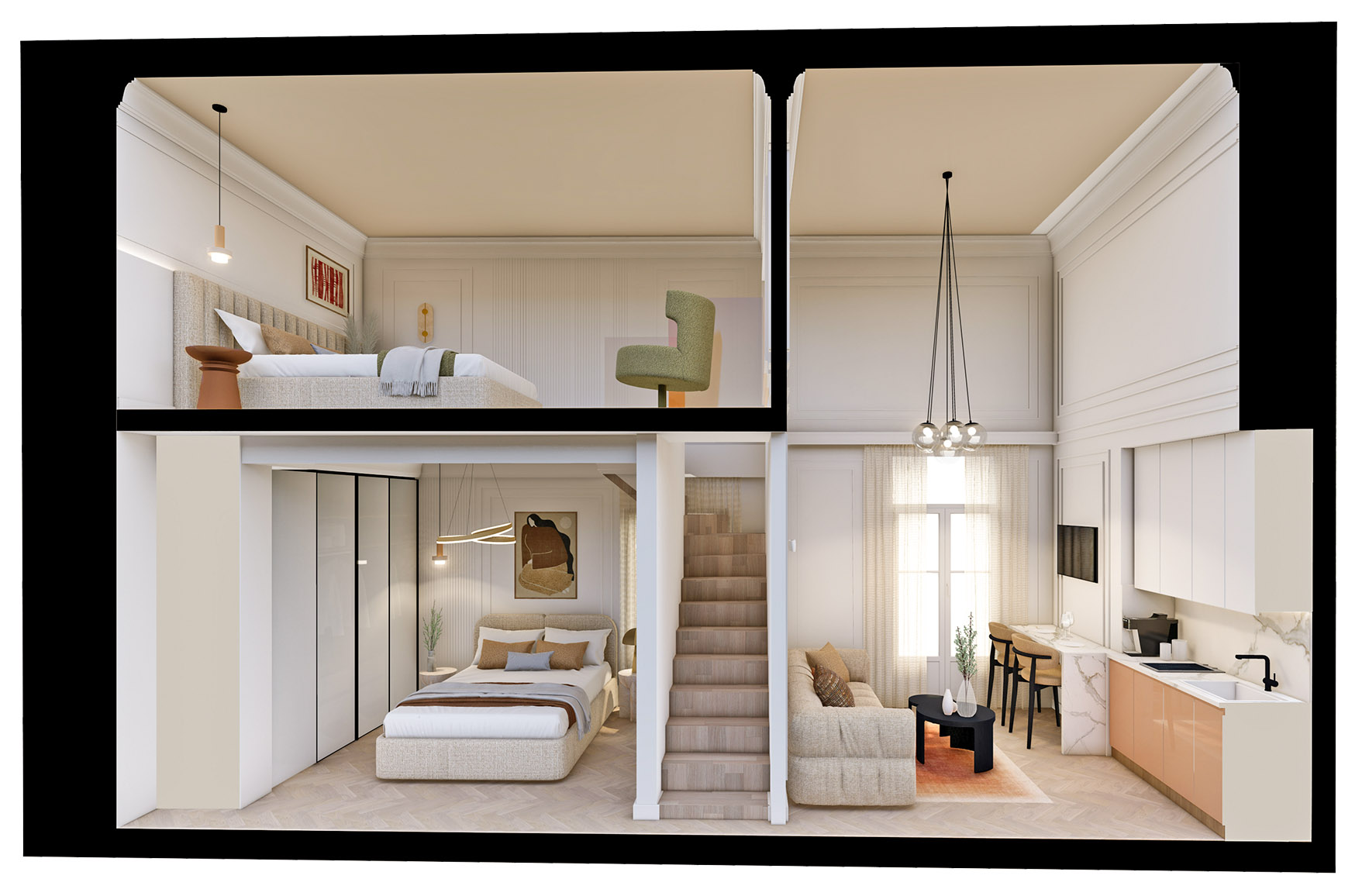 Sectional perspective of duplex Apartment 2-7 showing two sleeping areas, an internal staircase and a double-height open-plan living space with kitchen.