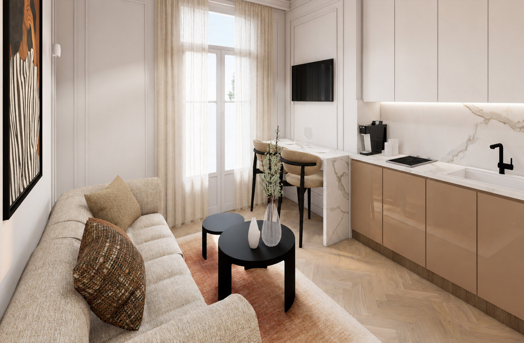 ompact open-plan living room and kitchen with warm-toned cabinetry, marble-effect surfaces and a dining counter in Apartment 2-7.