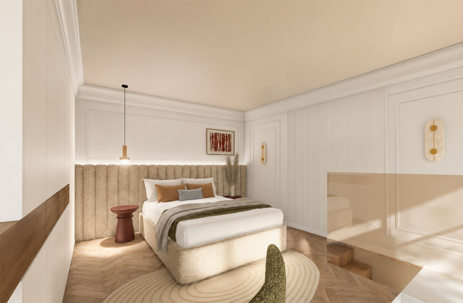 Mezzanine bedroom with a full-width upholstered feature wall, decorative mouldings and an opening towards the lower level in Apartment 2-7.
