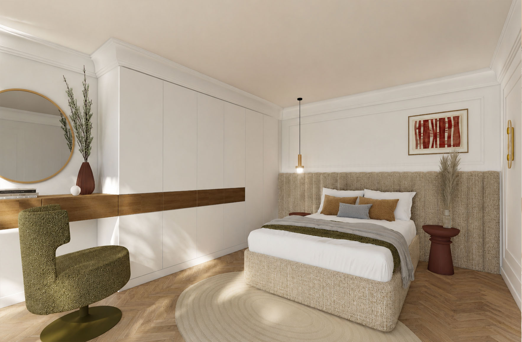 Mezzanine bedroom with an upholstered feature wall, integrated workspace and full-height fitted storage in Apartment
