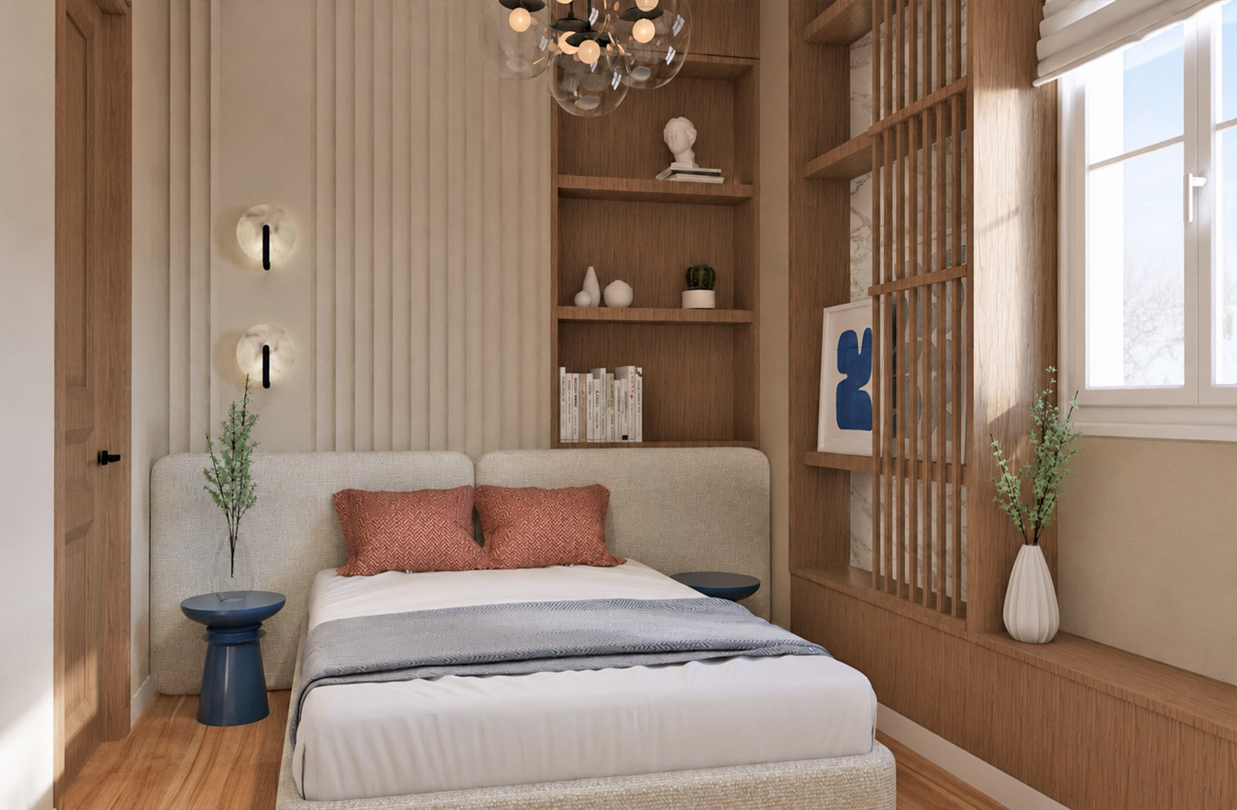 Attic bedroom with an upholstered headboard, integrated timber shelving and a slatted screen beside the window in Apartment 2-8.