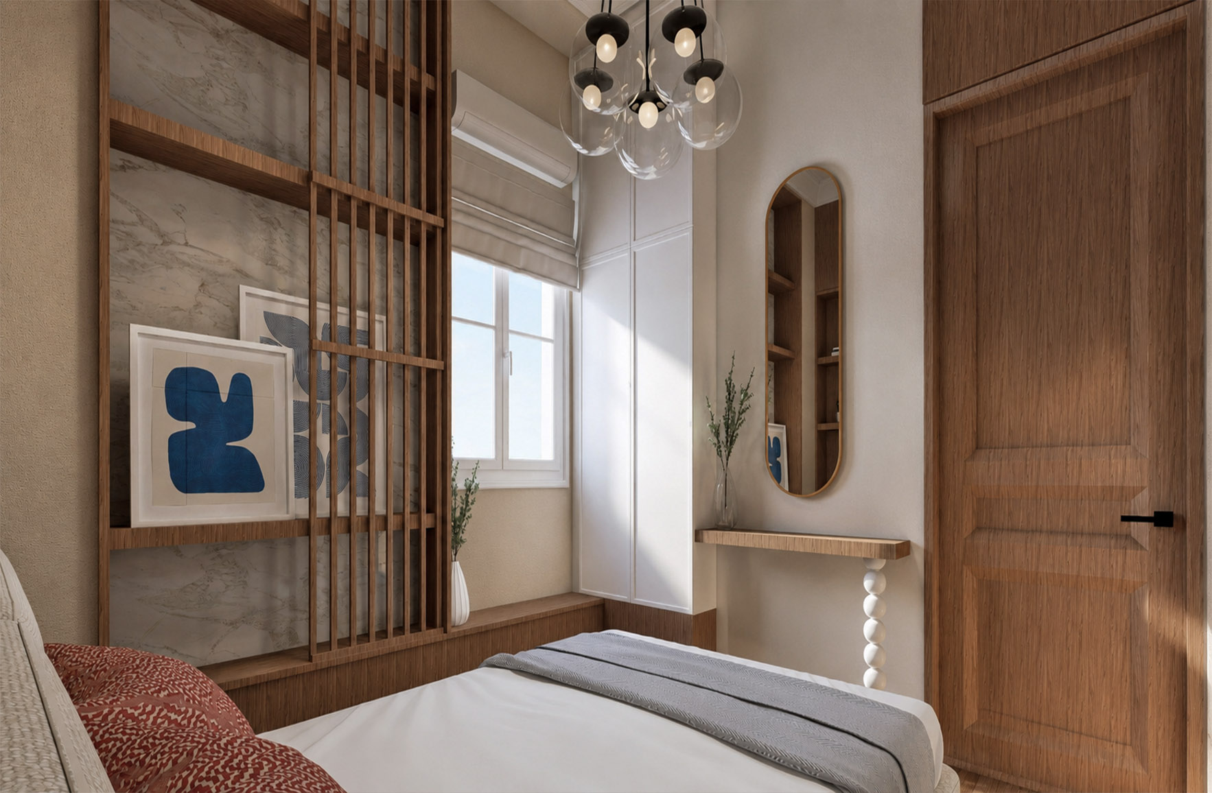 Attic bedroom with an integrated vanity, elongated mirror and slatted timber screen beside the window in Apartment 2-8.