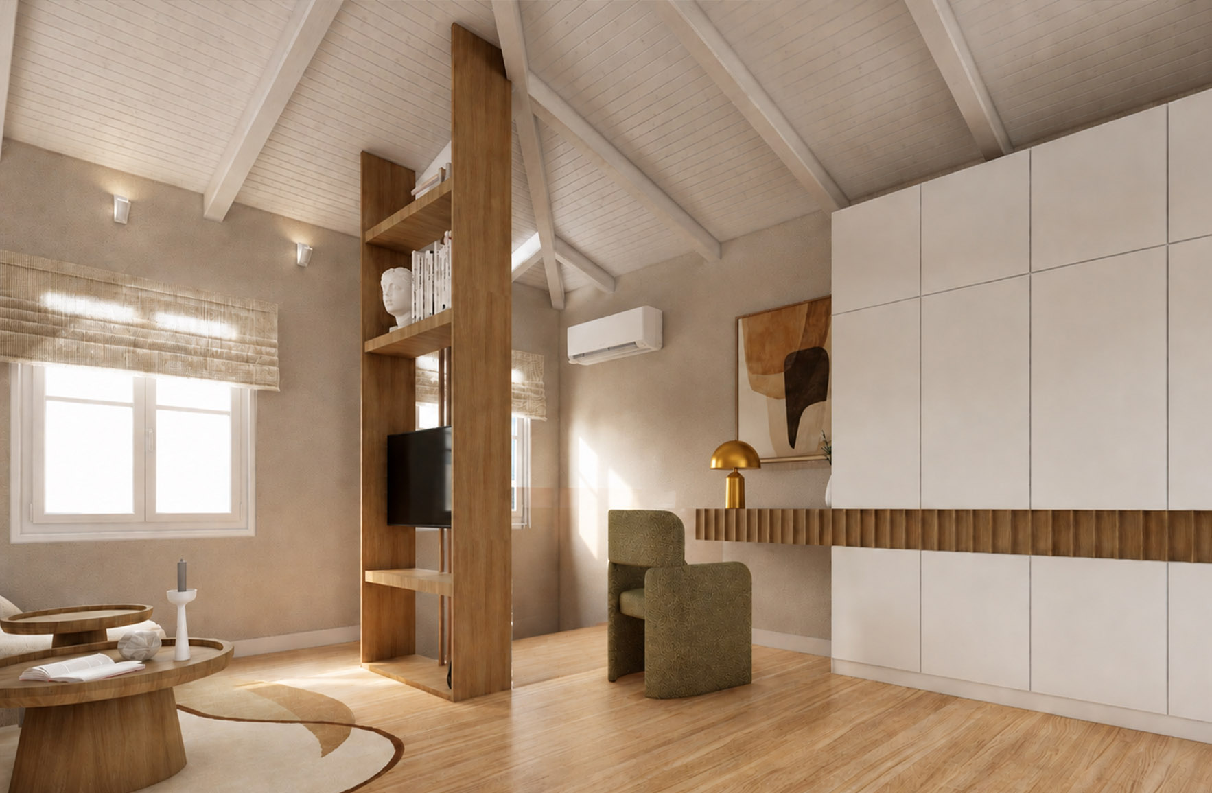 Attic living area with exposed pitched roof, a timber media divider, integrated workspace and full-height storage in Apartment 2-8.