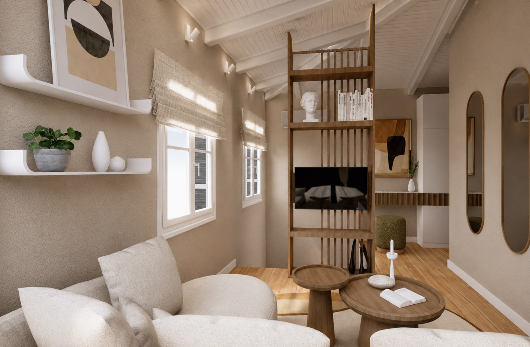 Attic living room with an exposed pitched roof, bespoke timber media divider and integrated workspace in Apartment 2-8.