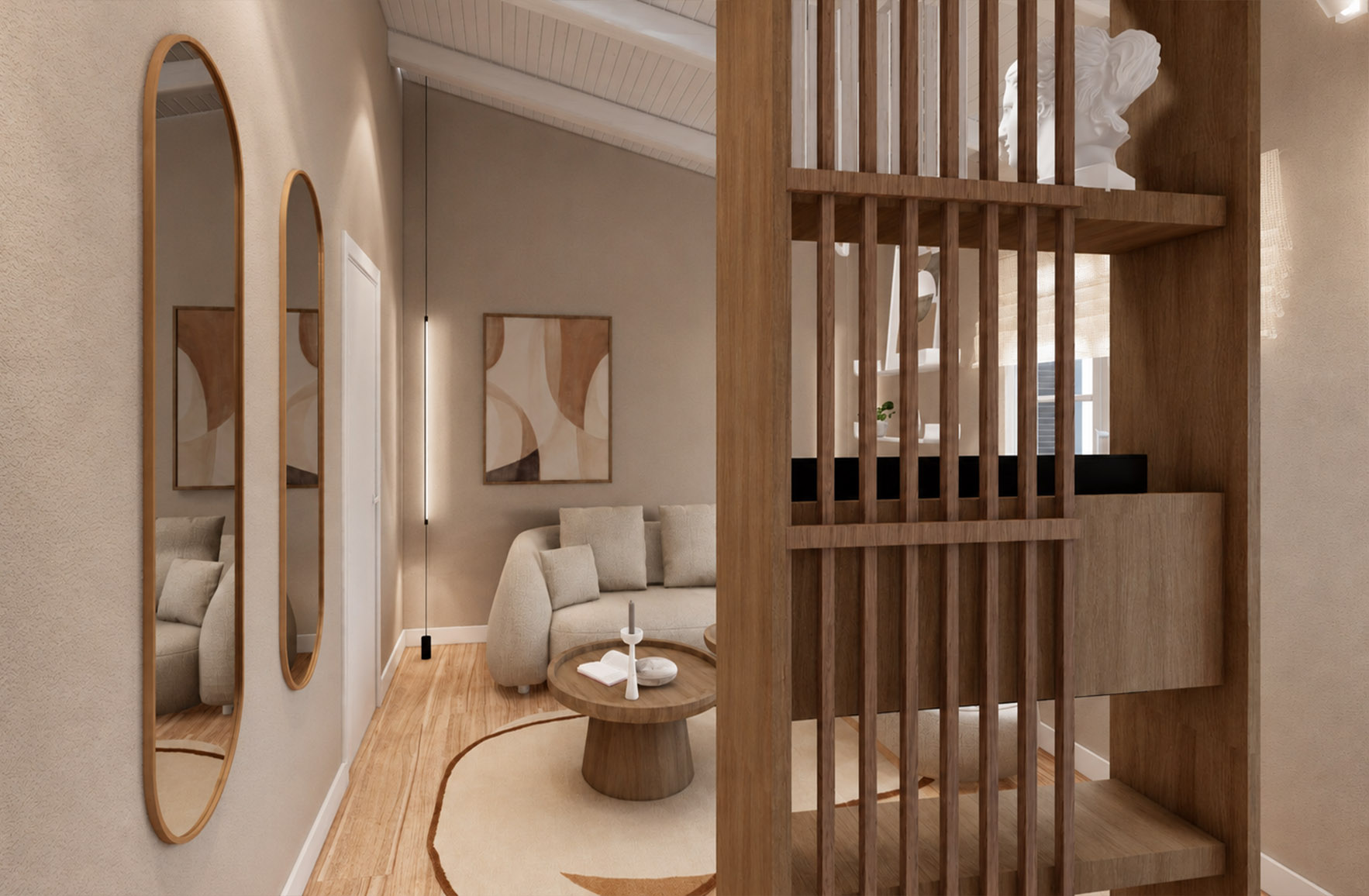 Attic living room with a bespoke slatted timber media divider, curved sofa and elongated wall mirrors in Apartment 2-8.