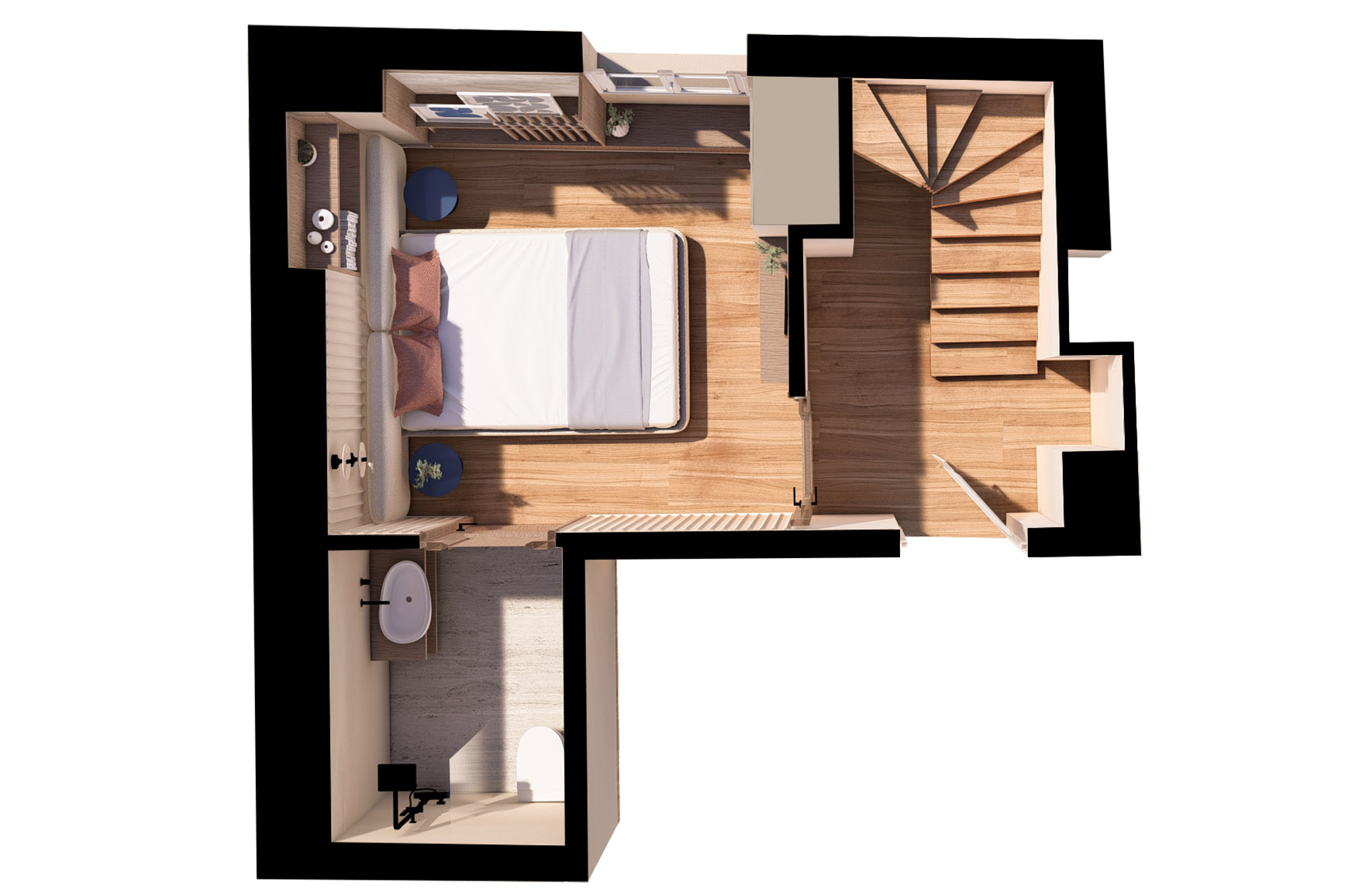Three-dimensional floor plan of the bedroom level in Apartment 2-8 showing the sleeping area, en-suite bathroom and internal staircase.