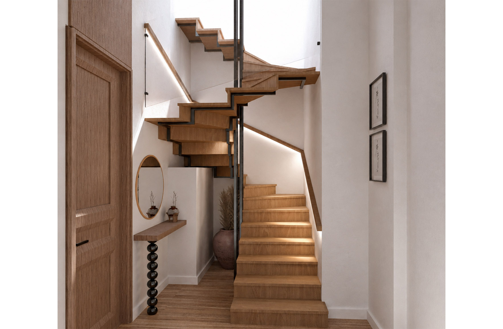 Sculptural timber staircase with black metal supports, glass balustrades and integrated handrail lighting in Apartment 2-8.