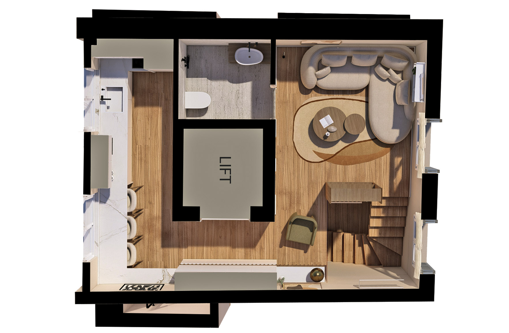 Three-dimensional floor plan of the upper level of Apartment 2-8 showing the kitchen, living area, bathroom, staircase and central lift.