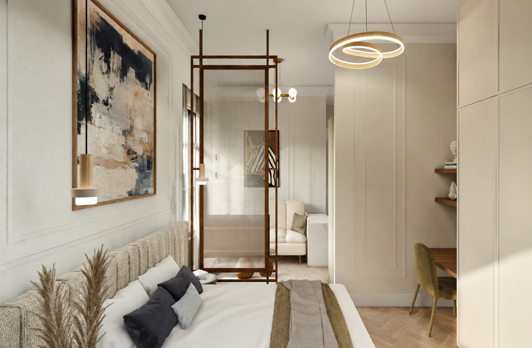 Bedroom with an integrated workspace, full-height wardrobes and a timber-framed translucent partition separating the living area.