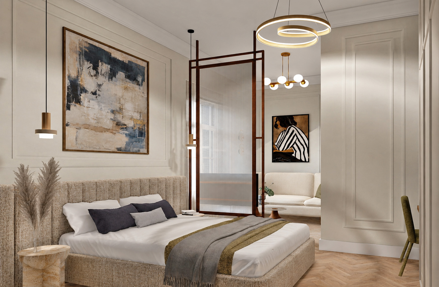 Bedroom, full-height wardrobes and a timber-framed translucent partition separating the living area.