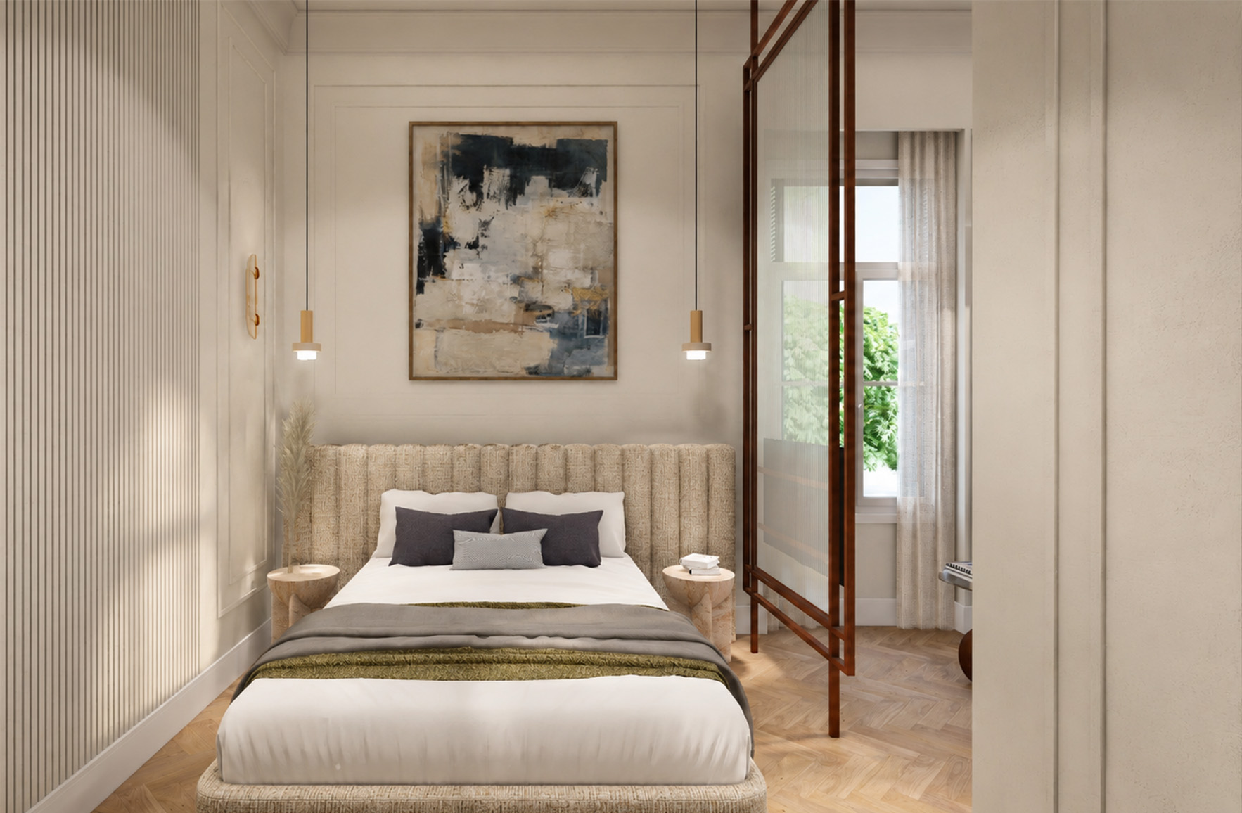 Contemporary bedroom with a full-width upholstered headboard, decorative wall mouldings and a timber-framed translucent partition.