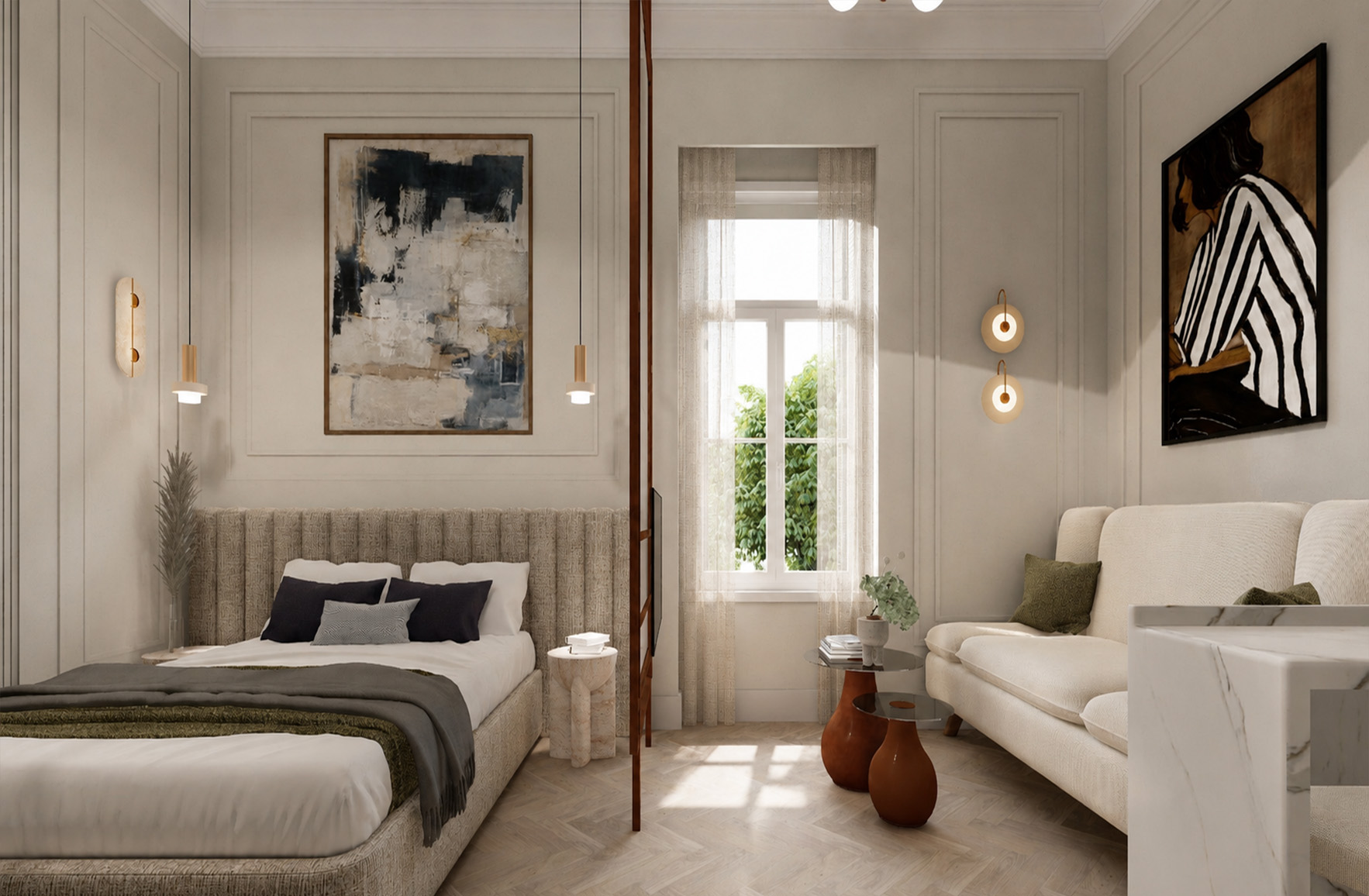 Bright open-plan apartment with adjacent living and sleeping areas, decorative wall mouldings and a tall central window.
