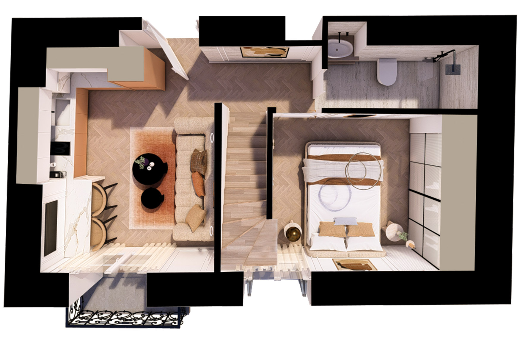 Three-dimensional floor plan of a one-bedroom apartment in Freattyda with an open-plan kitchen and living area, separate bathroom, internal staircase and balcony.