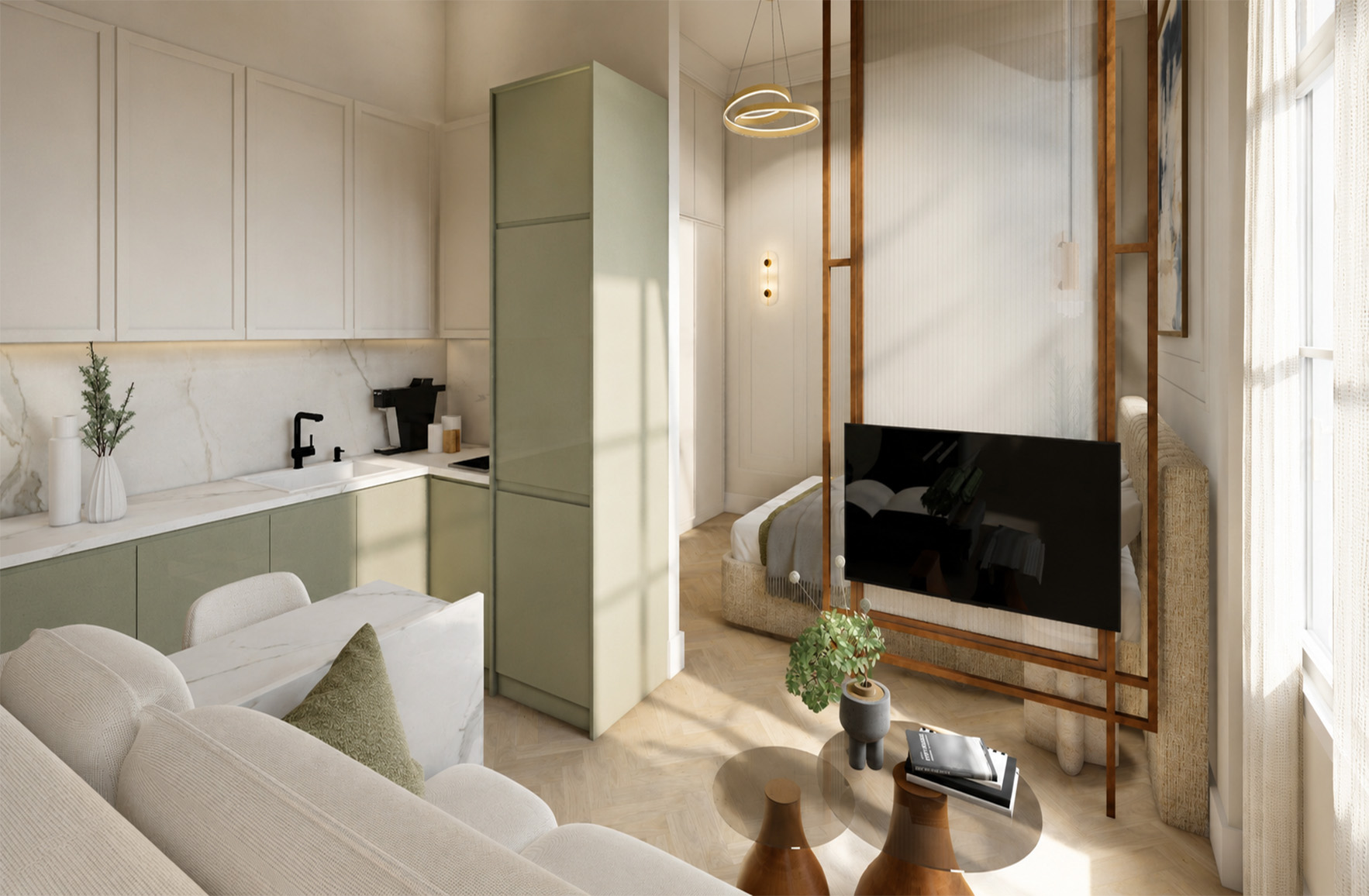 Open-plan apartment with an olive-green kitchen and a framed translucent screen separating the bedroom from the living area.