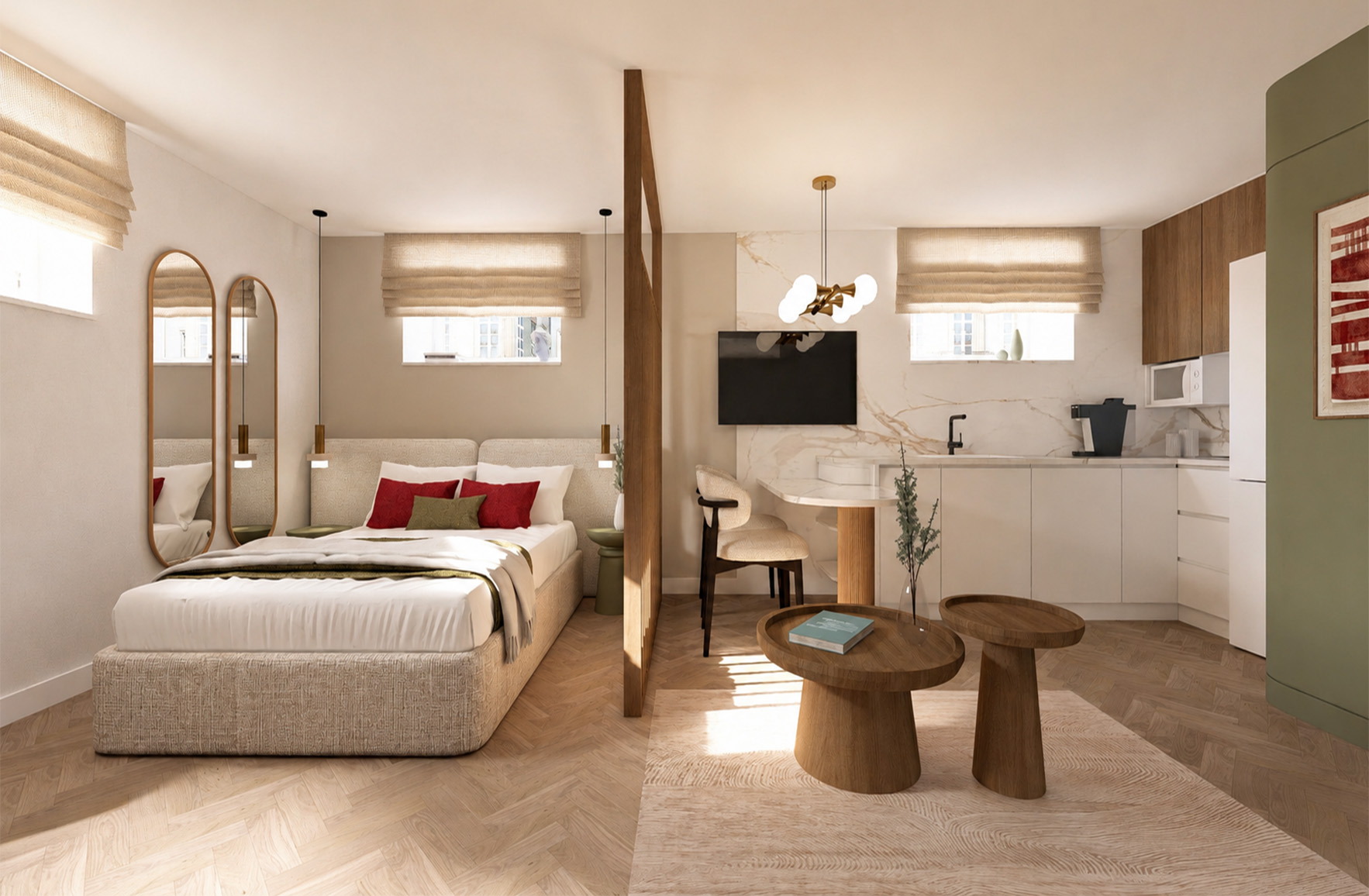 Open-plan studio apartment in Freattyda featuring a bedroom, compact kitchen, living area and timber partition.