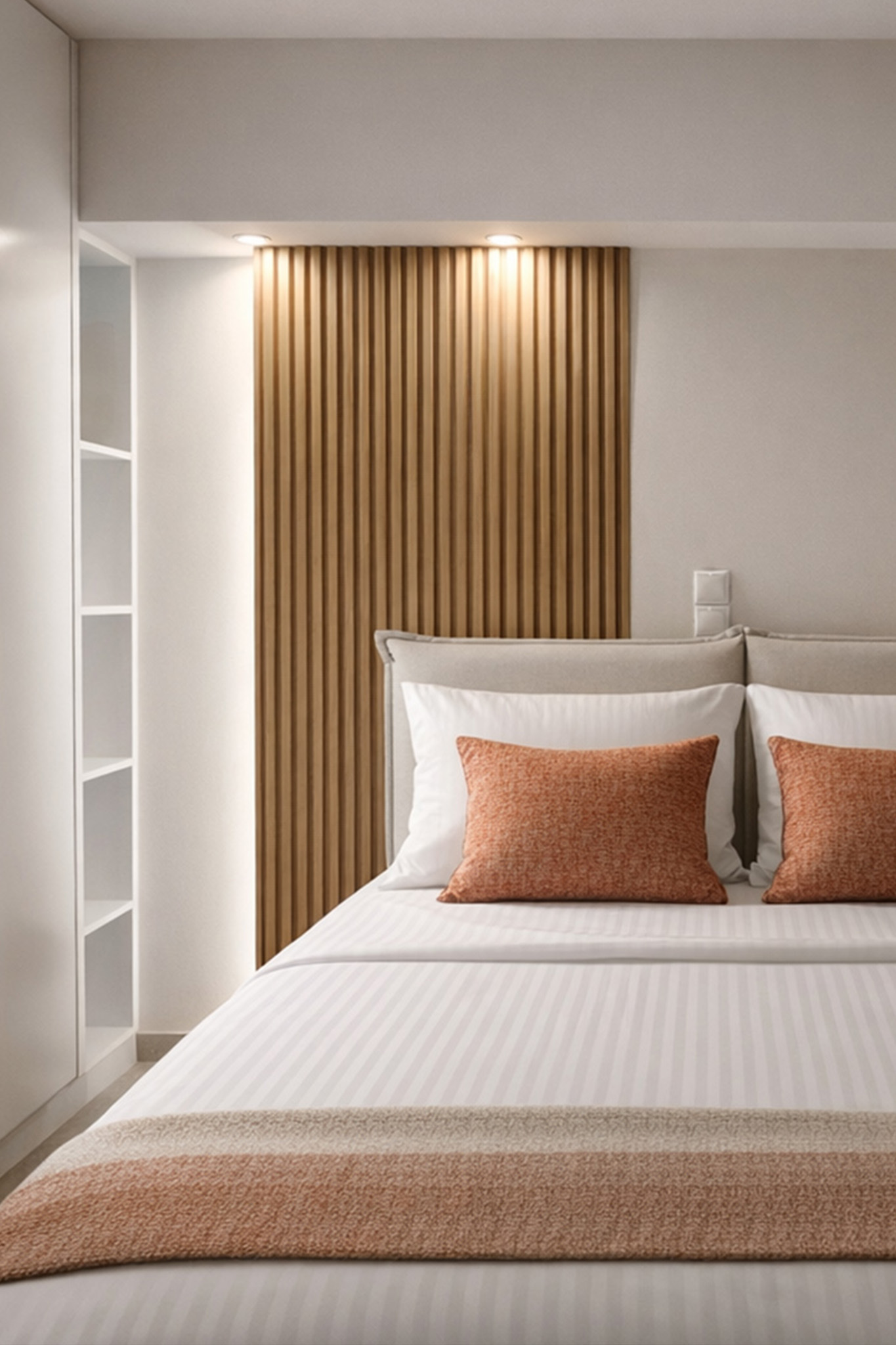 Detail of a contemporary Athens bedroom with an illuminated wood-slat feature wall and terracotta textiles.