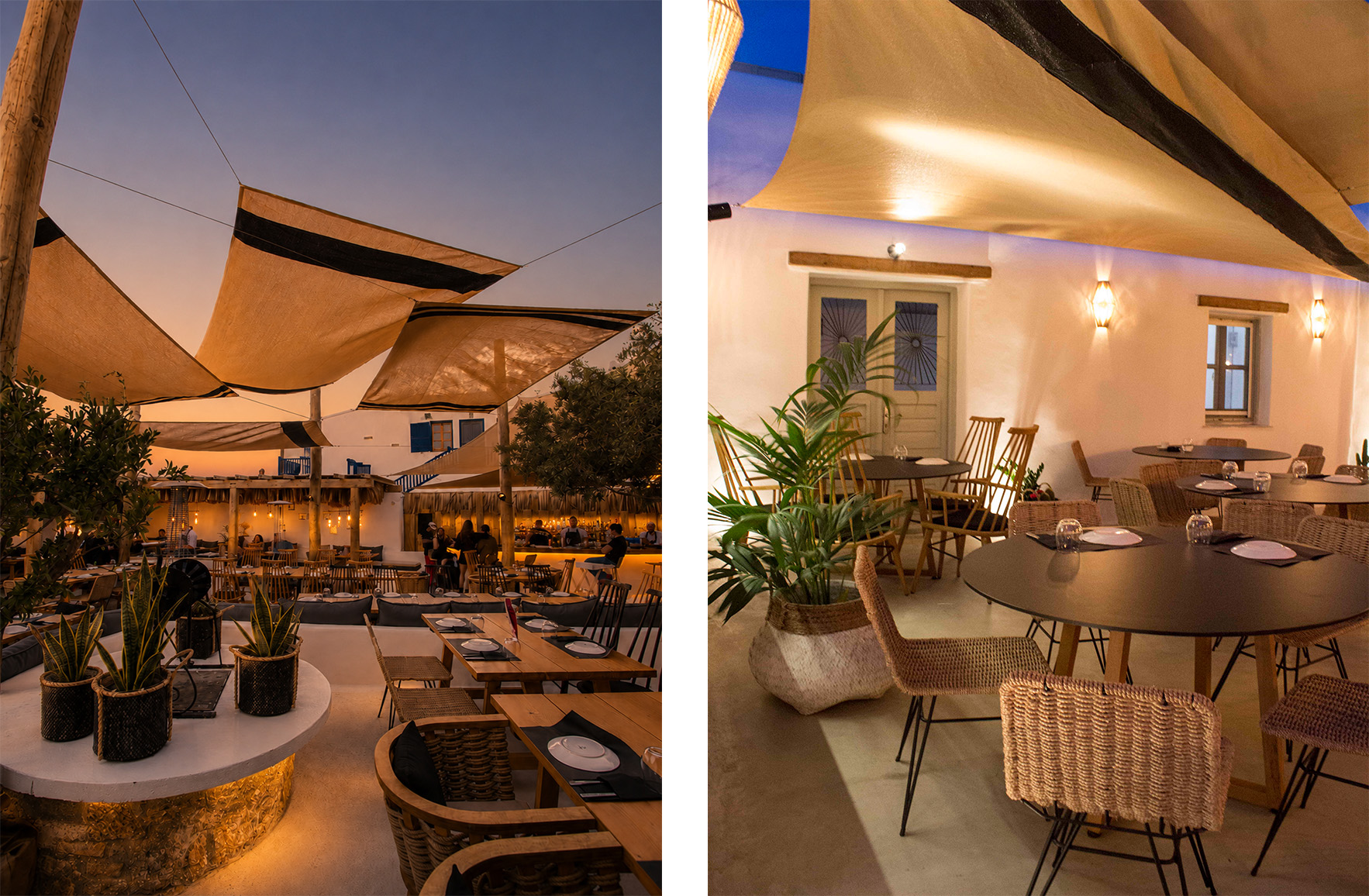 Open-air restaurant in Mykonos with shade sails, wooden furniture and Mediterranean materials
