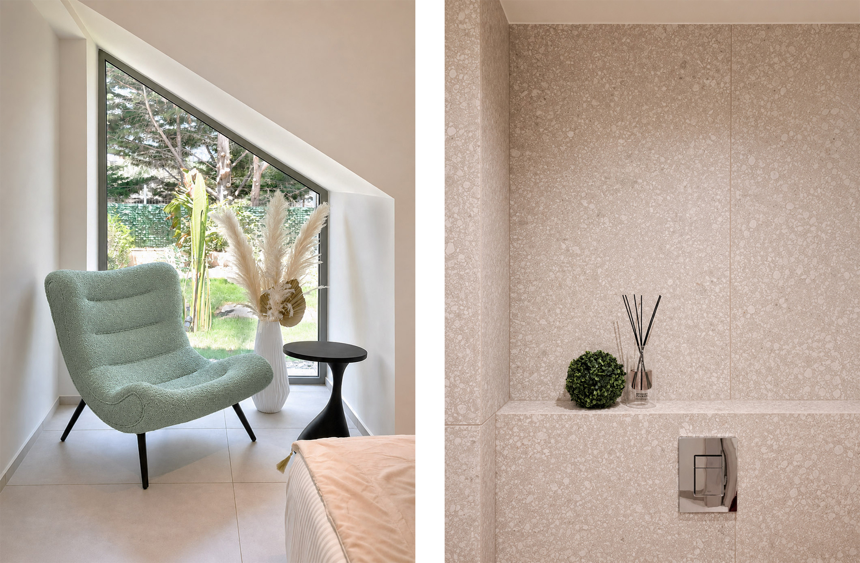 Bedroom corner with a pale green lounge chair beside a garden window and a neutral-toned bathroom detail in a Skaloma holiday home.