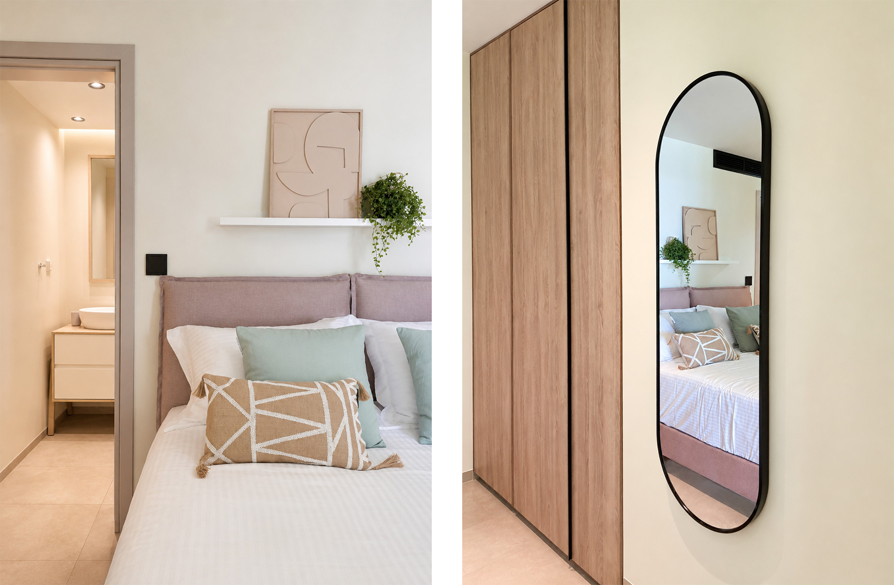 Bedroom with soft green cushions, a upholstered headboard, wooden wardrobes and a full-length mirror in a Skaloma holiday home.
