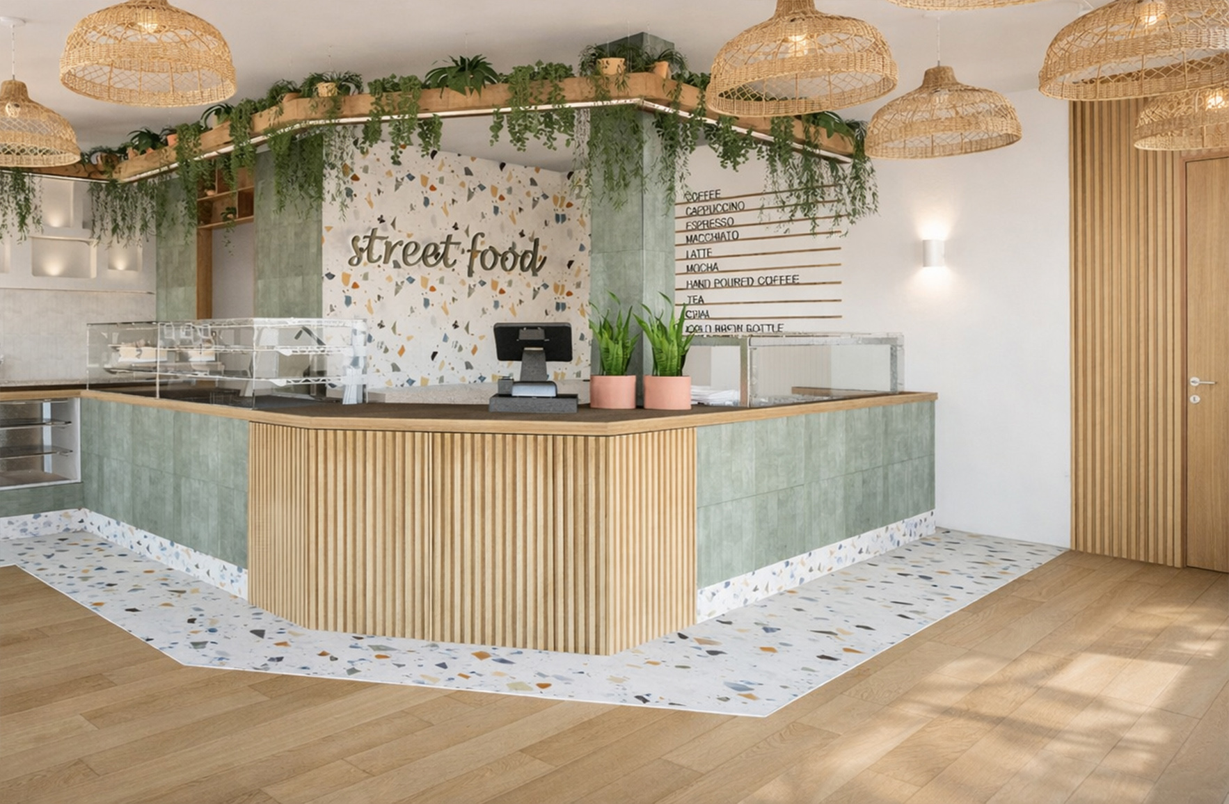 text Interior of Tanit Restaurant in Mykonos featuring a custom wooden coffee counter, green tiles, and mosaic flooring.