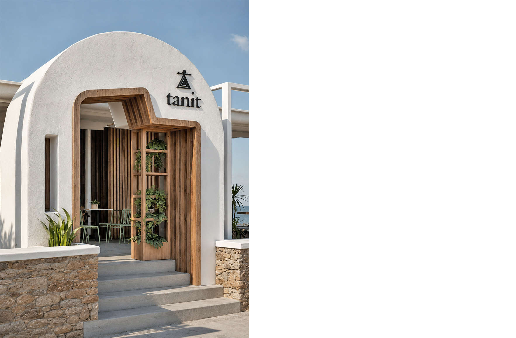 Entrance of Tanit Restaurant in Mykonos featuring a white curved facade and custom wooden structure.