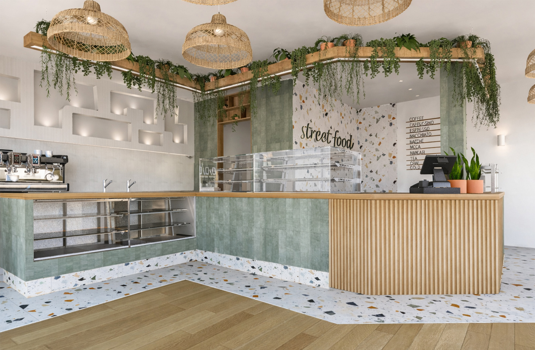 Food and coffee counter at Tanit Restaurant in Mykonos with green tiles, terrazzo flooring and custom wood detailing.