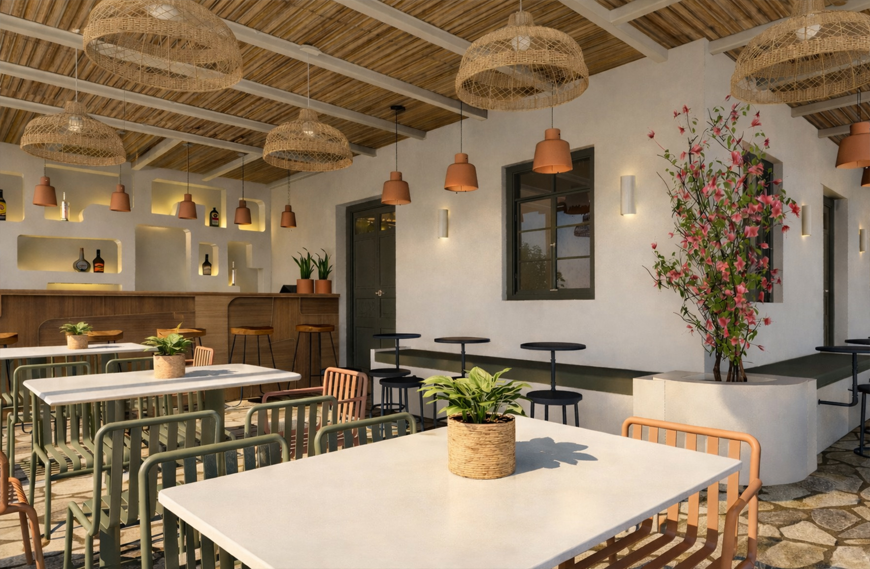 Outdoor seating area of Tanit Restaurant in Mykonos, featuring a wooden pergola, built-in benches, a bar, and colorful chairs.