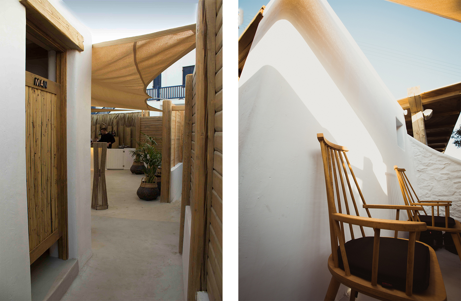 Cycladic hospitality design in Mykonos with white sculptural walls, natural timber and shaded outdoor passage by Vicky Basta Designer