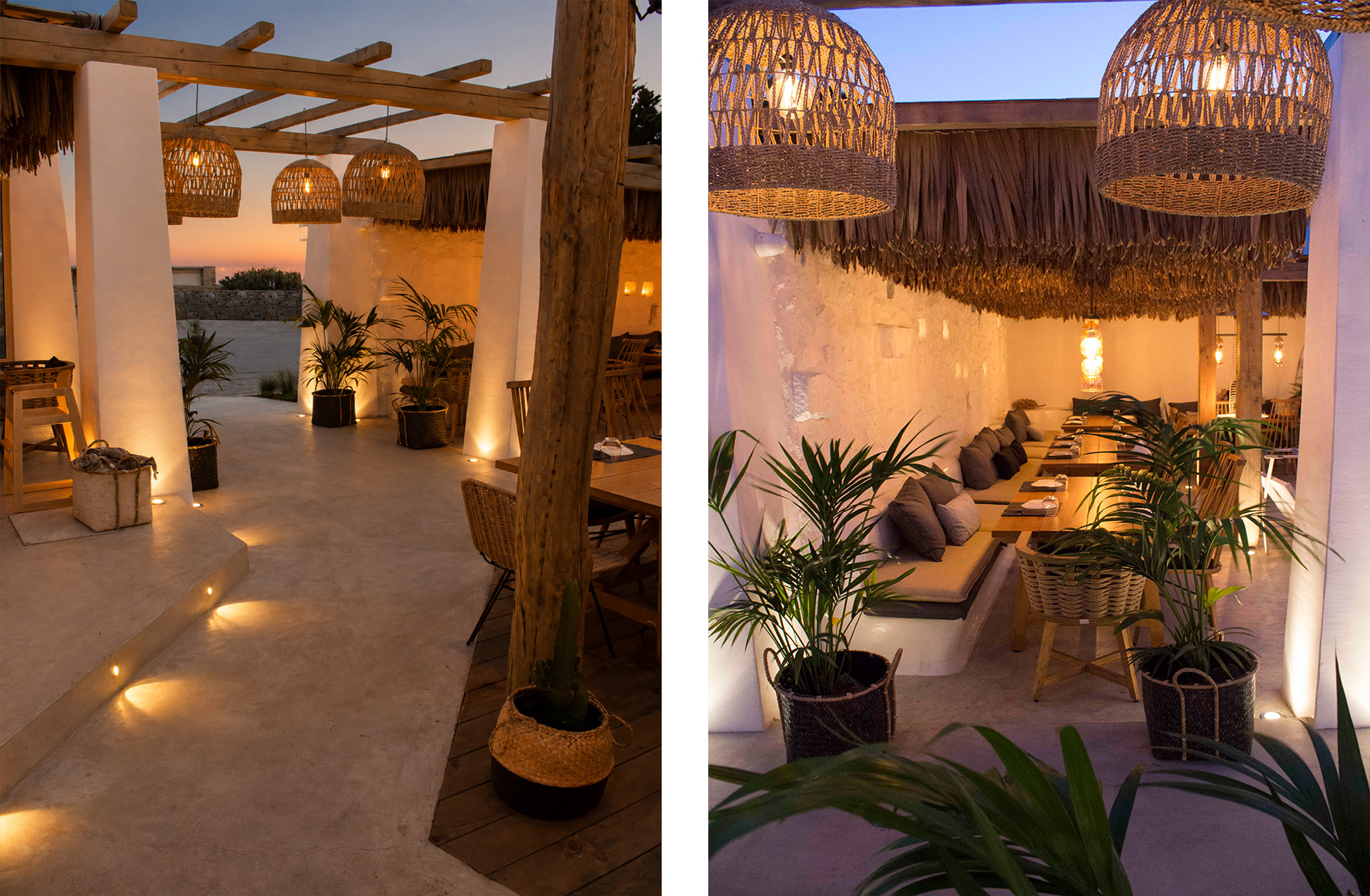 Hospitality atmosphere in Mykonos with outdoor dining, woven lighting, Mediterranean planting and intimate seating by Vicky Basta Designer