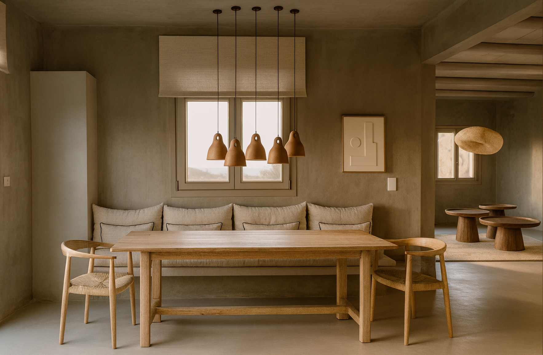 Dining room with built-in bench, natural wood furniture and sculptural pendant lights